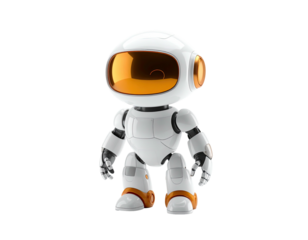 A cute, white robot with a large, reflective orange visor stands on a black background