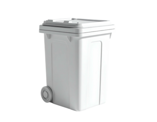 Solid, white wheeled refuse container, lid closed, set against a stark black background