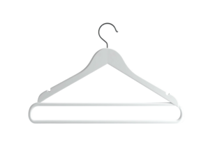 Isolated, white, three-dimensional clothes hanger against a stark black background