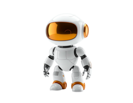 A cute, white robot with a large, reflective orange visor stands on a black background