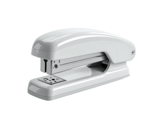 A gleaming white office stapler, ready for use, isolated on a black background