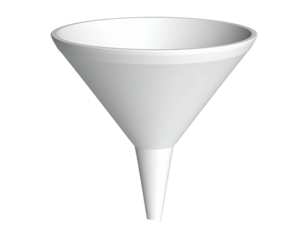 A digitally rendered, clean white funnel with a wide mouth and narrow spout