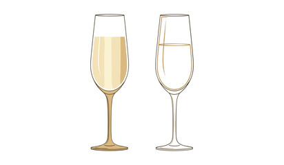 Two champagne flutes one filled with pale yellow liquid the other empty glass drink