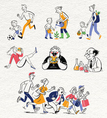 People Lifestyle and Daily Activities Illustration Set &mdash; vector of men, women, and children in everyday scenes like playing, shopping, and working.