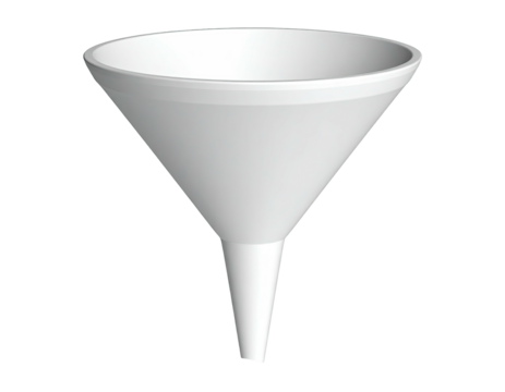 A digitally rendered, clean white funnel with a wide mouth and narrow spout