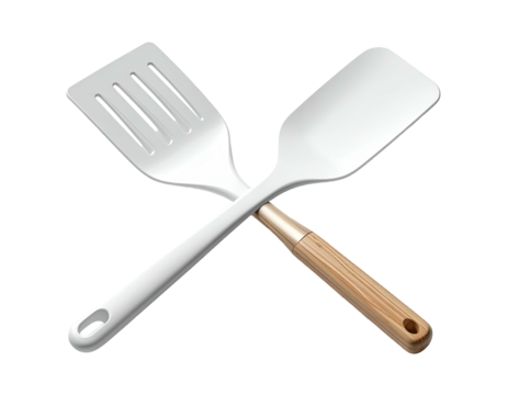 Crossed kitchen spatulas; one slotted, one solid, with wooden and plastic handles