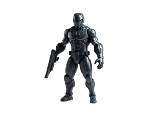A futuristic soldier in sleek, grey armor, holding a weapon, stands ready