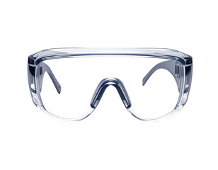 Clear protective eyewear with a curved, transparent design, isolated on black