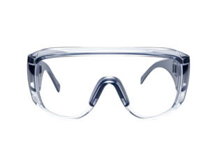 Clear protective eyewear with a curved, transparent design, isolated on black