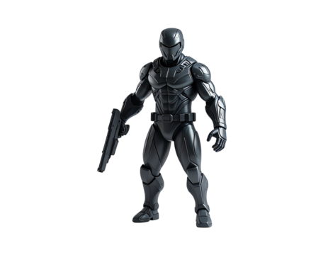 A futuristic soldier in sleek, grey armor, holding a weapon, stands ready