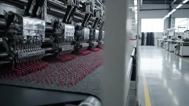 Automated Embroidery Machine Stitching Red Threads on Gray Fabric in Bright Industrial Setting Factory Interior Automatic Sewing Production System in a Row Conveyor Belt Technology