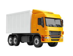A rendered, modern semi-truck with a yellow cab and a white cargo container