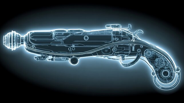 Futuristic Steampunk Gun Blueprint with Glow Effect on Dark Background Illustration