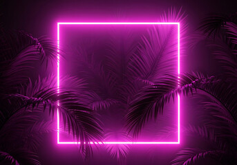 A vibrant neon pink square frame surrounded by silhouetted palm leaves, creating a modern and tropical aesthetic with a futuristic glow