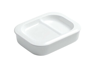 A white rectangular divided serving dish, slightly angled, with a black background