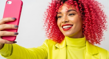 Vibrant woman with bright curly hair takes selfie with pink phone
