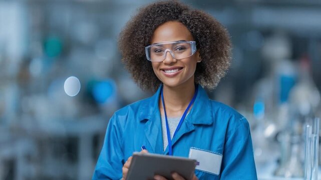 Smiling Technician in Lab: An astute female technician, with curly hair, dons safety glasses, standing confidently within a lab environment and recording data.
