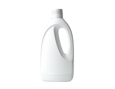 A white plastic bottle with handle and cap, on a solid black background