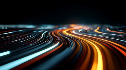 Abstract light trails of vibrant orange and blue streaks on a dark background creating a sense of speed and motion
