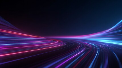 Abstract streaks of vibrant blue and pink light trails curving through darkness creating a sense of speed and technology