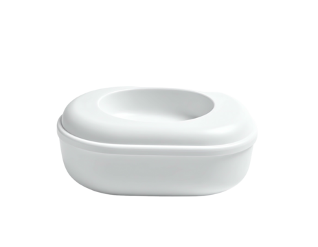 A white, oval-shaped plastic container with an inset circular depression on top