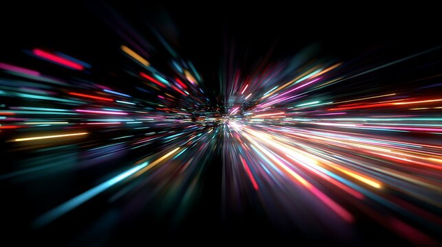 Abstract streaks of colorful light trails exploding outward from a central point against a dark background