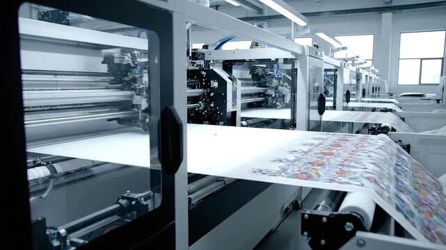 Automated Textile Printing Machines Applying Colorful Designs in a Production Facility under Fluorescent Lights Innovative Printing Technology in a Bright Factory Setting with Multiple Machines