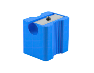 A bright blue pencil sharpener showing the blade, hole, and ridged sides