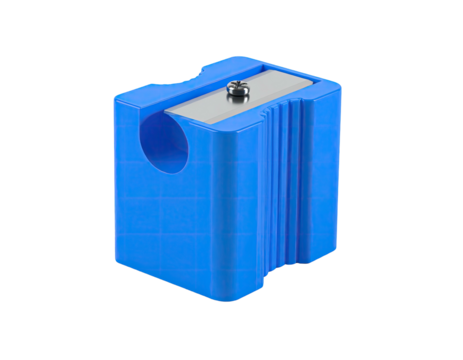 A bright blue pencil sharpener showing the blade, hole, and ridged sides
