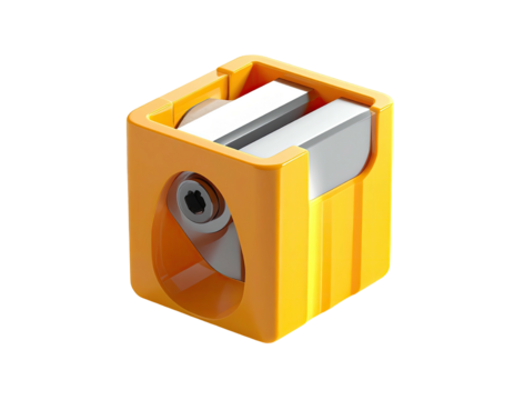 Bright yellow cube pencil sharpener with a silver blade, isolated on black