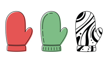 A set of three cartoon mittens one red one green and one black and white patterned winter clothing
