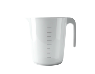 A clean, white measuring cup with a handle and vertical markings