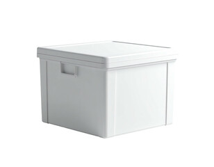 A white square plastic storage container with a lid, sitting isolated on black