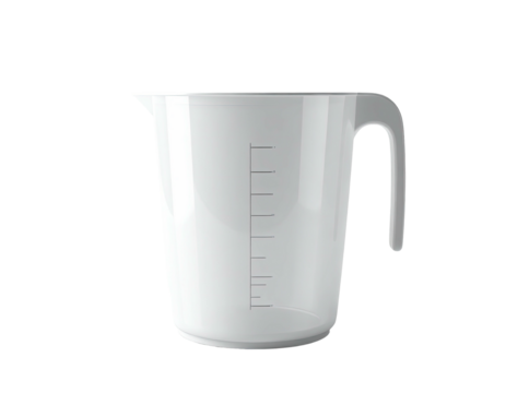A clean, white measuring cup with a handle and vertical markings