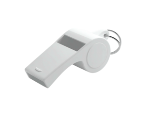 A bright, white, plastic whistle with a metal ring, isolated on black
