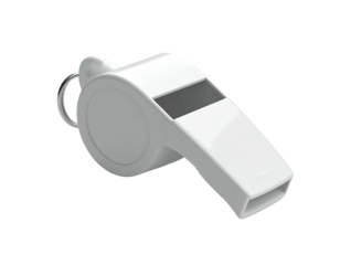 A white, plastic whistle with a key ring loop, angled on a black background