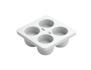 Isometric view of a small, white square container with four circular wells