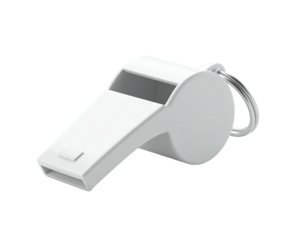 Close-up of a glossy white whistle with a metal ring, resting on a dark backdrop