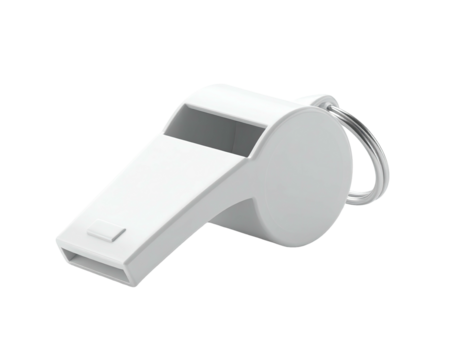 Close-up of a glossy white whistle with a metal ring, resting on a dark backdrop