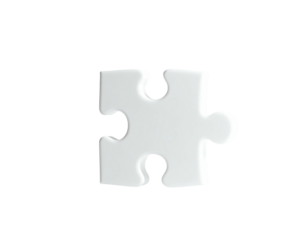 Single, white, glossy jigsaw puzzle piece floating against a solid black background