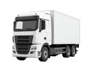 A clean white cargo truck, isolated on black. The box is upright, with a cab in front