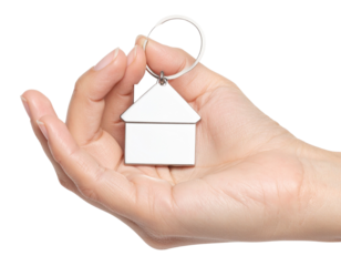 Hand Holding Silver House Key with Keyring, Isolated on Transparent Background