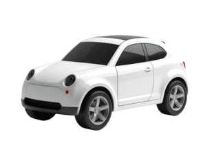 Modern, small, white coupe on black background, angled showing side and front