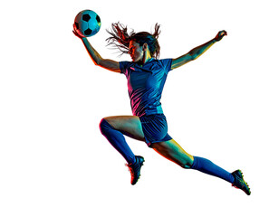  Soccer Player Jumping to Kick Ball in Mid-Air, Isolated on Transparent Background