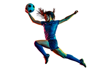  Soccer Player Jumping to Kick Ball in Mid-Air, Isolated on Transparent Background