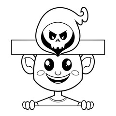 Black and white hand drawn illustration of a boy wearing a grim reaper Halloween monster paper hat clip art