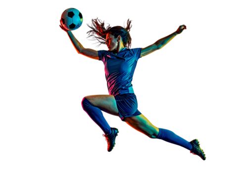  Soccer Player Jumping to Kick Ball in Mid-Air, Isolated on Transparent Background