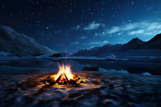 Campfire Under a Starry Winter Night Sky