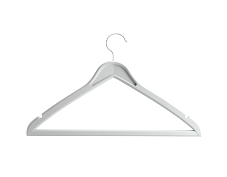 A white clothes hanger on a black background, with a hook and a rounded shape