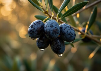 Close up of ripe black olives on a branch with water drops, illuminated by warm sunrise light. Organic natural ingredients for medicine and cooking healthy food.